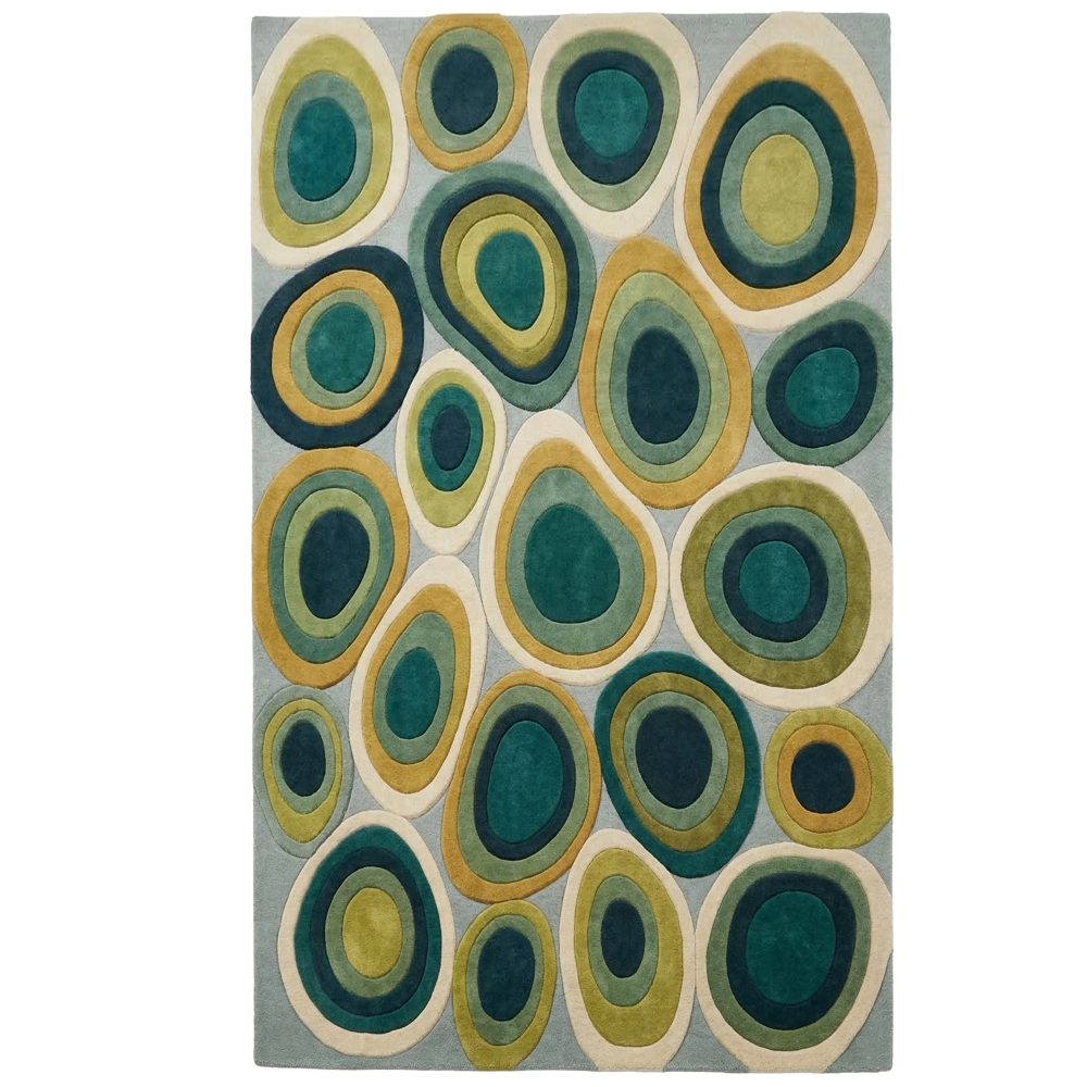 Hand Tufted Abstract Oval Pattern Area Rug Green Blue and Gold Design