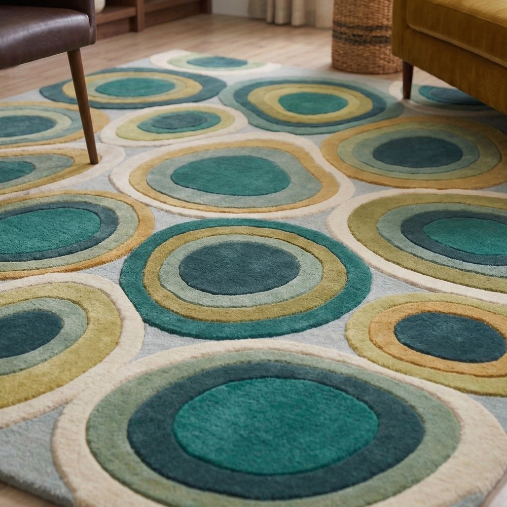 Hand Tufted Abstract Oval Pattern Area Rug Green Blue and Gold Design