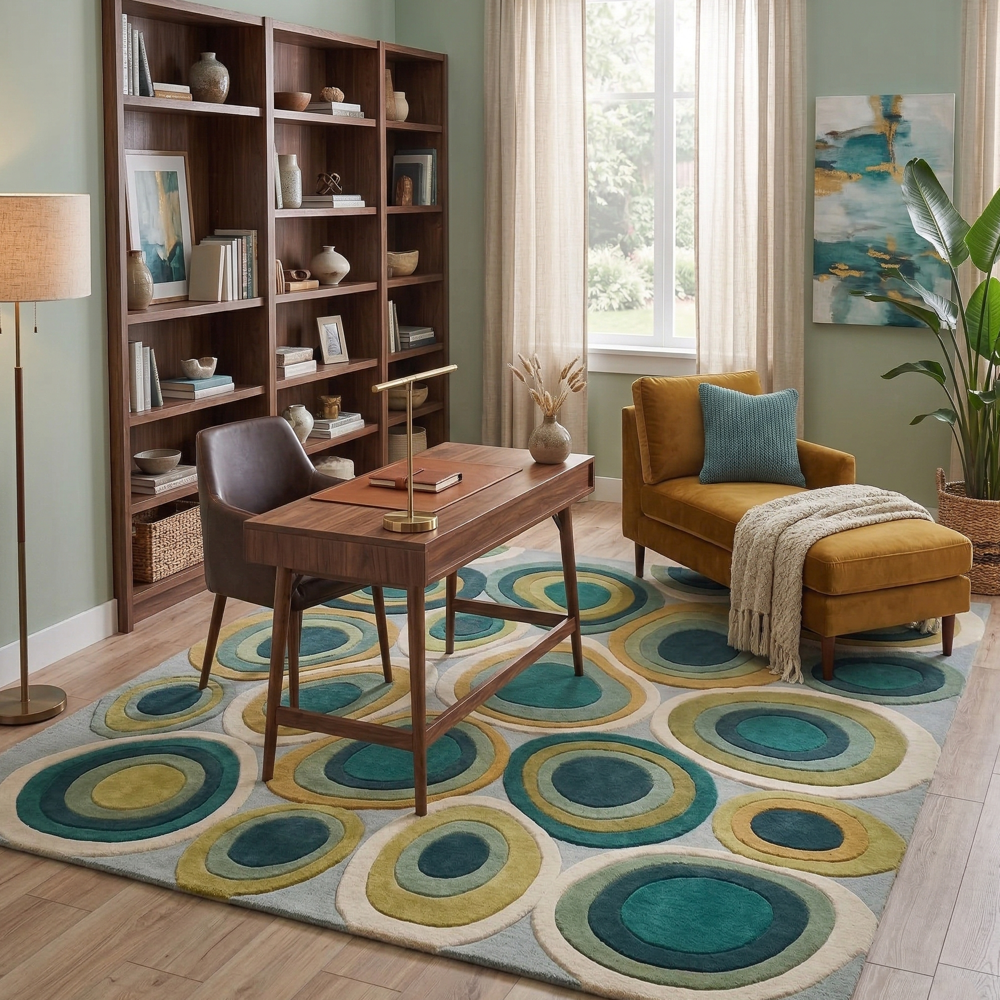 Hand Tufted Abstract Oval Pattern Area Rug Green Blue and Gold Design