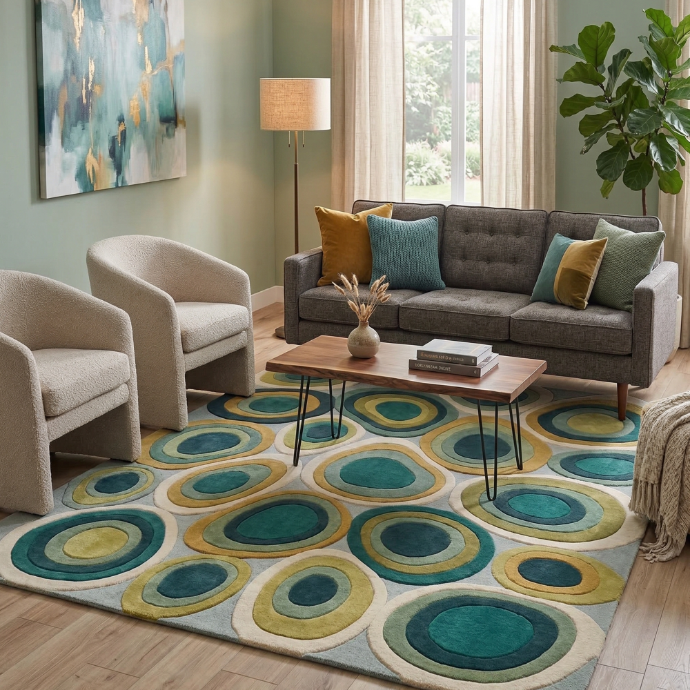 Hand Tufted Abstract Oval Pattern Area Rug Green Blue and Gold Design
