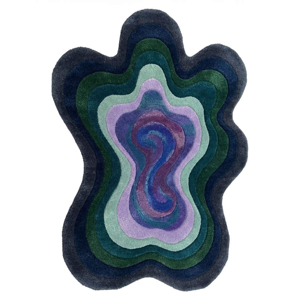 Hand Tufted Irregular Shape Area Rug Blue Green and Purple Abstract Design