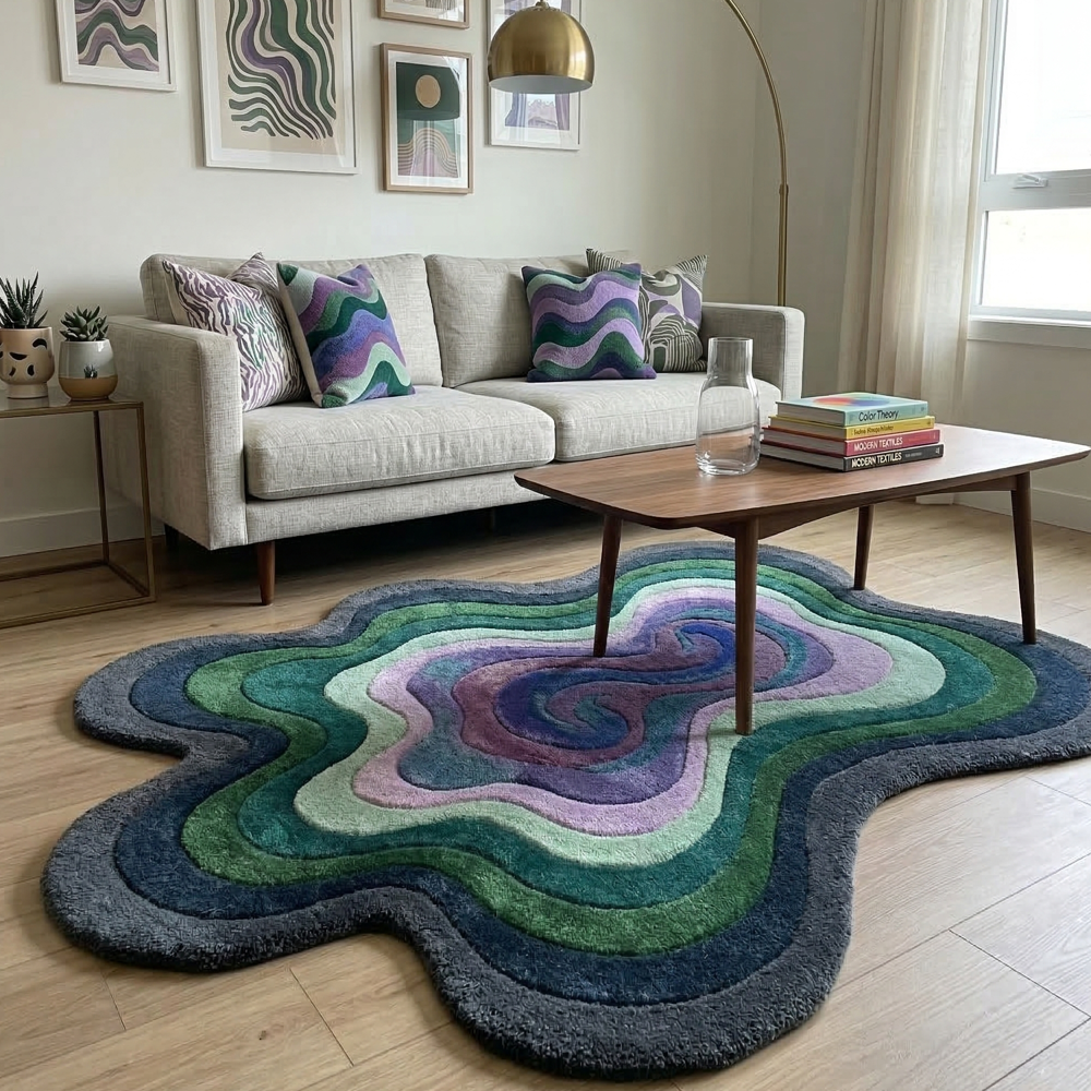 Hand Tufted Irregular Shape Area Rug Blue Green and Purple Abstract Design