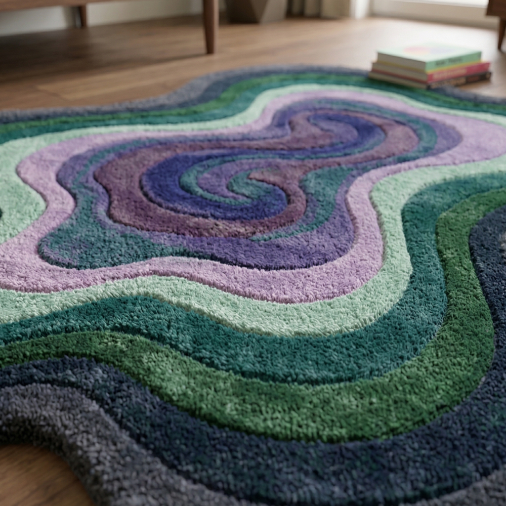 Hand Tufted Irregular Shape Area Rug Blue Green and Purple Abstract Design