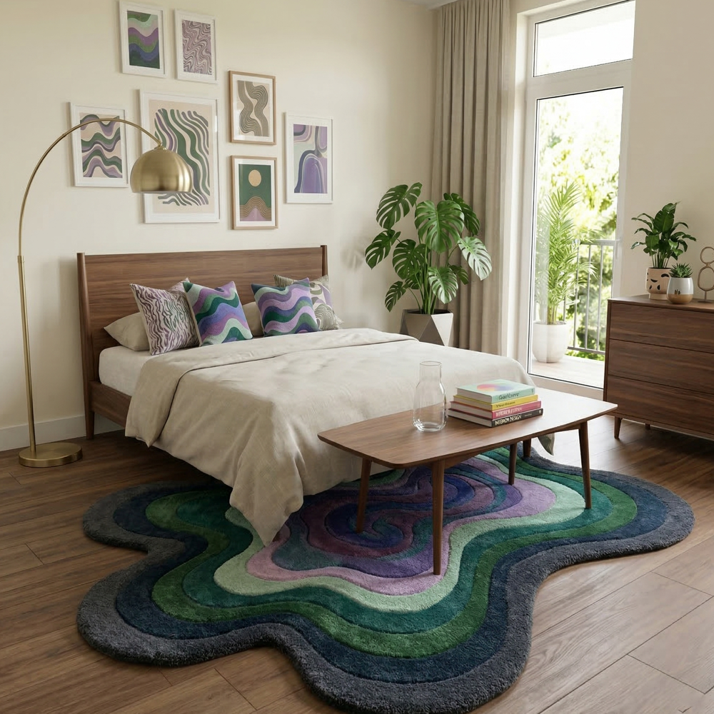Hand Tufted Irregular Shape Area Rug Blue Green and Purple Abstract Design