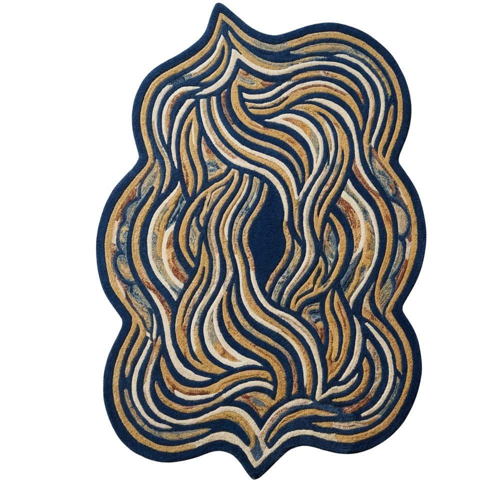 Hand Tufted Irregular Shape Area Rug Navy Blue Cream and Gold Abstract Design