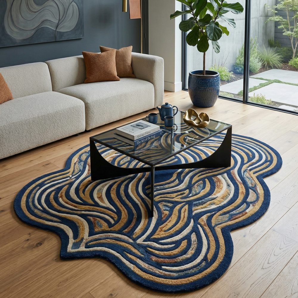Hand Tufted Irregular Shape Area Rug Navy Blue Cream and Gold Abstract Design