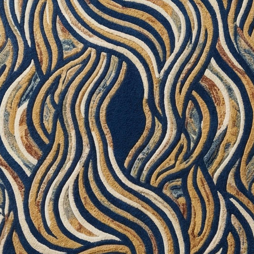 Hand Tufted Irregular Shape Area Rug Navy Blue Cream and Gold Abstract Design