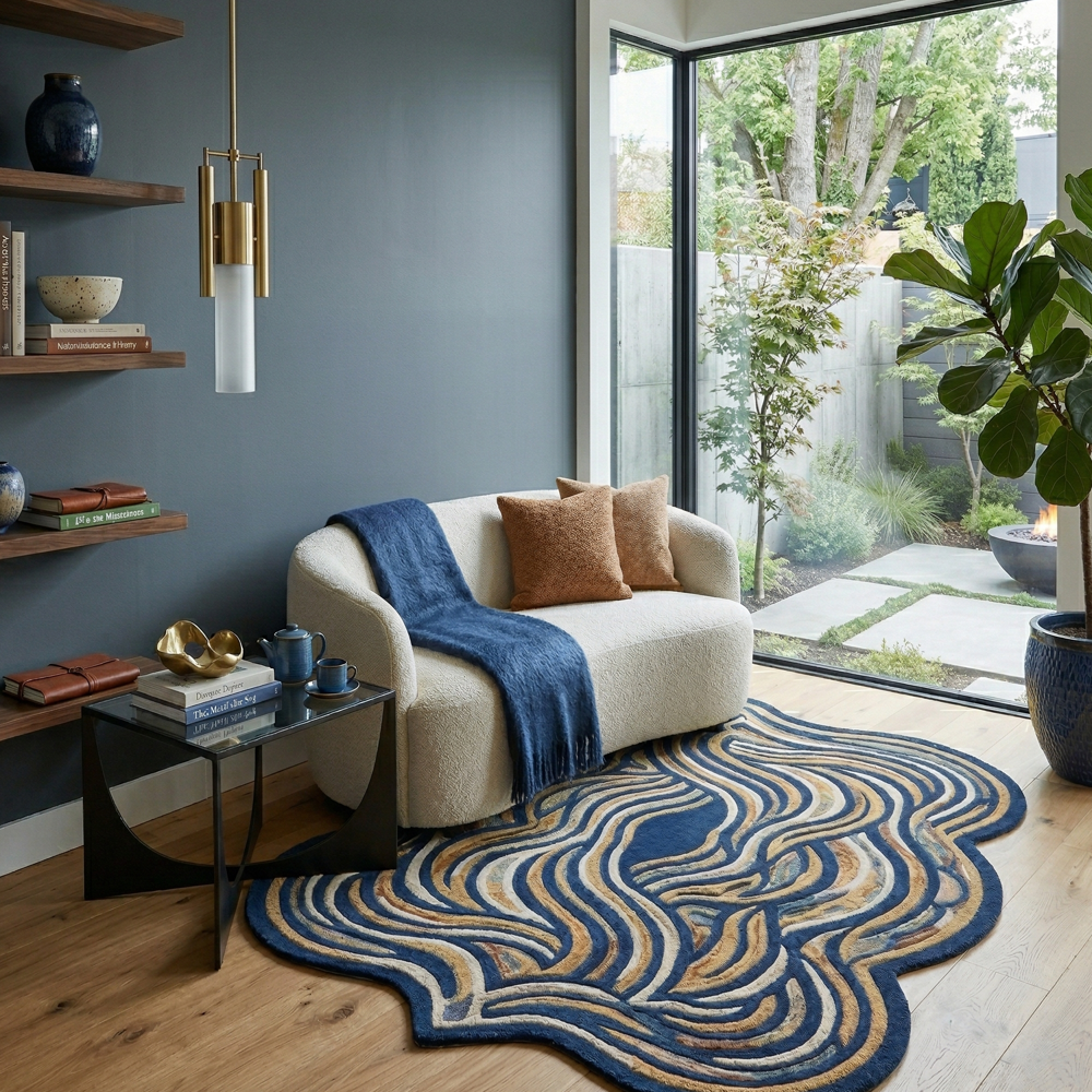 Hand Tufted Irregular Shape Area Rug Navy Blue Cream and Gold Abstract Design
