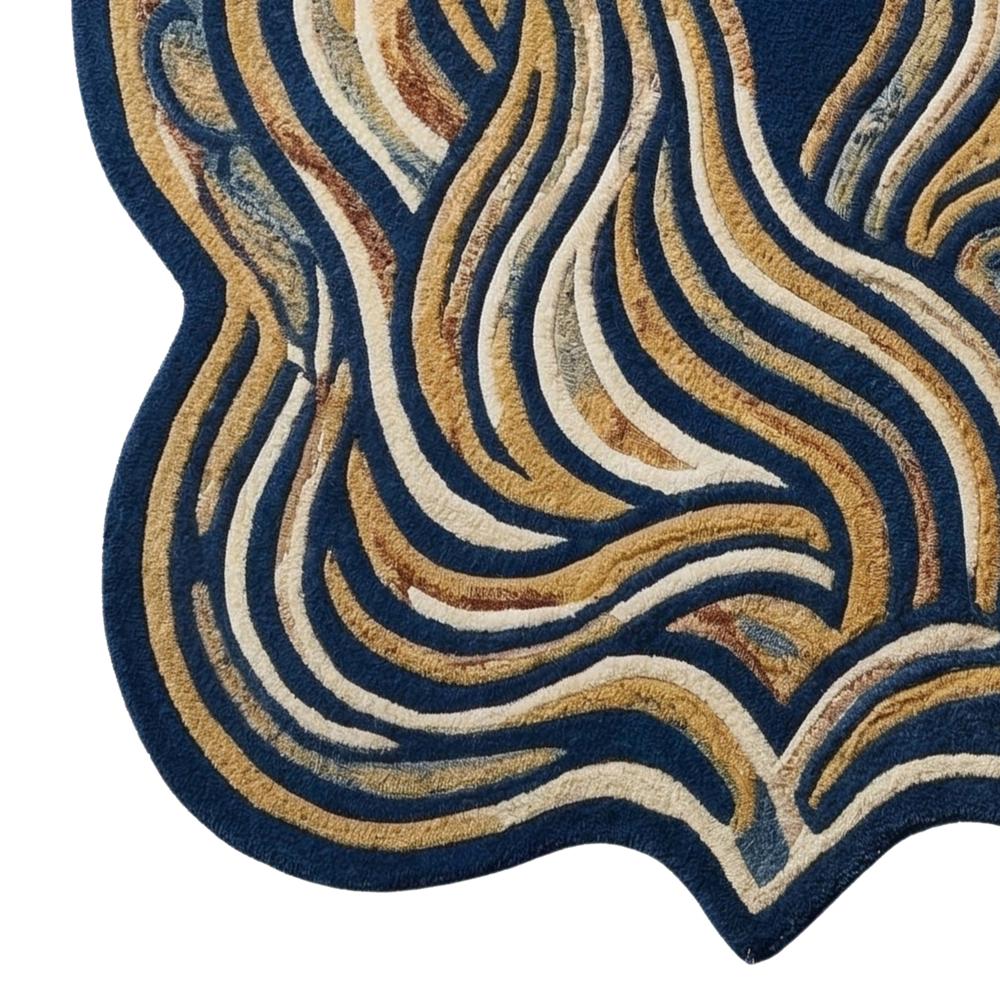 Hand Tufted Irregular Shape Area Rug Navy Blue Cream and Gold Abstract Design