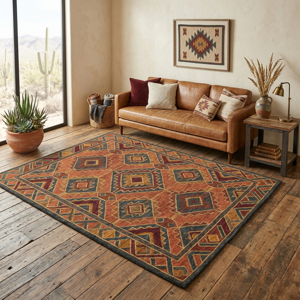 Rust Orange & Charcoal Geometric Tribal Area Rug