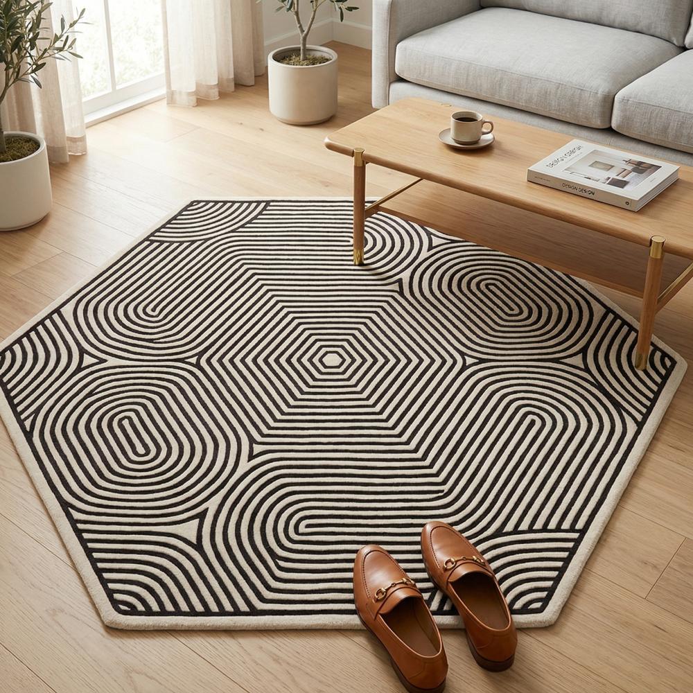 Modern Black & Cream Geometric Hexagon Area Rug