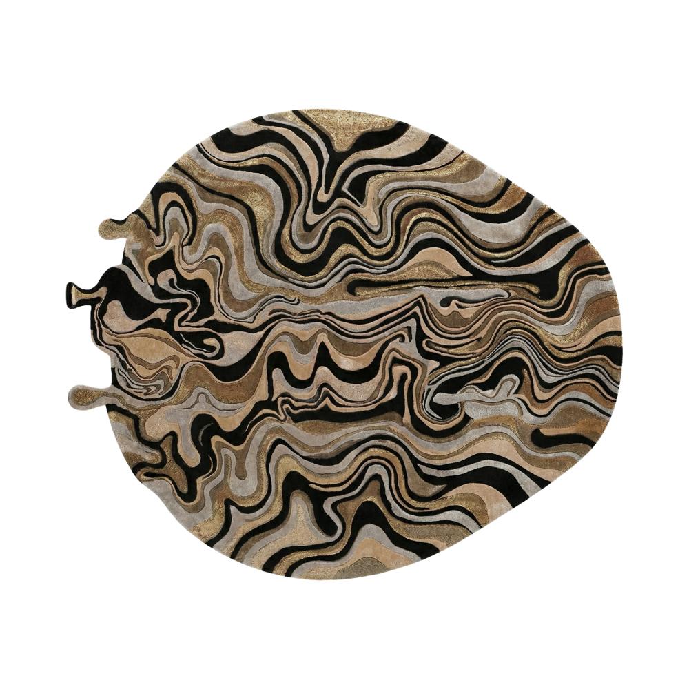 Abstract Teardrop Black & Gold Marble Hand Tufted Rug