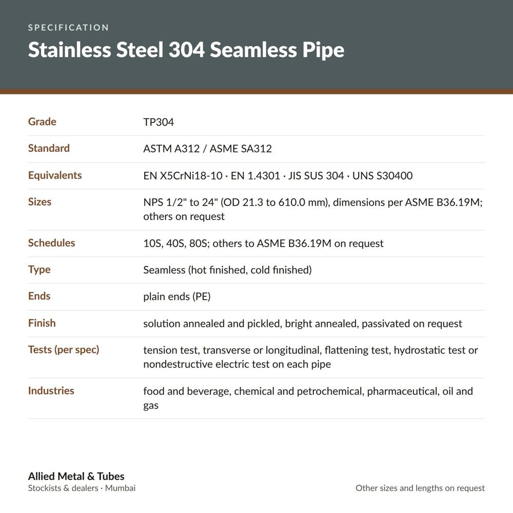 SS 304 Seamless Pipe - Stainless Steel ASTM A312 TP304