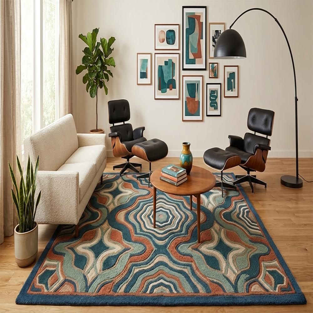Modern Abstract Geometric Wool Rug in Blue & Orange