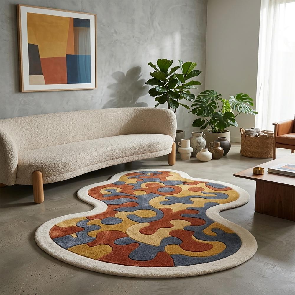 Modern Irregular Abstract Wool Area Rug in Rust, Mustard & Slate Blue