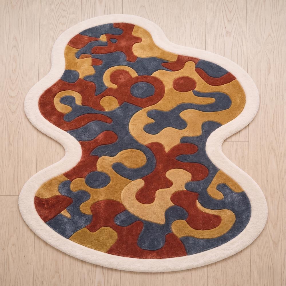 Modern Irregular Abstract Wool Area Rug in Rust, Mustard & Slate Blue
