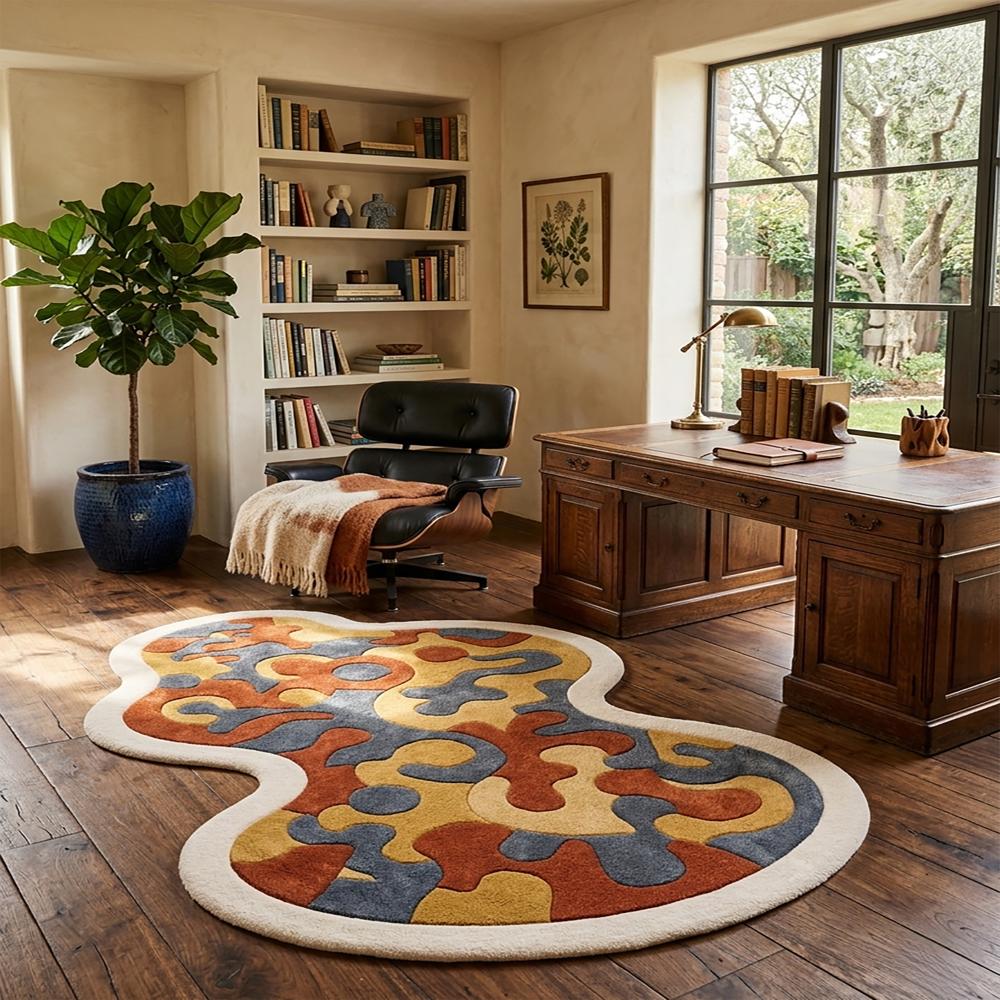 Modern Irregular Abstract Wool Area Rug in Rust, Mustard & Slate Blue