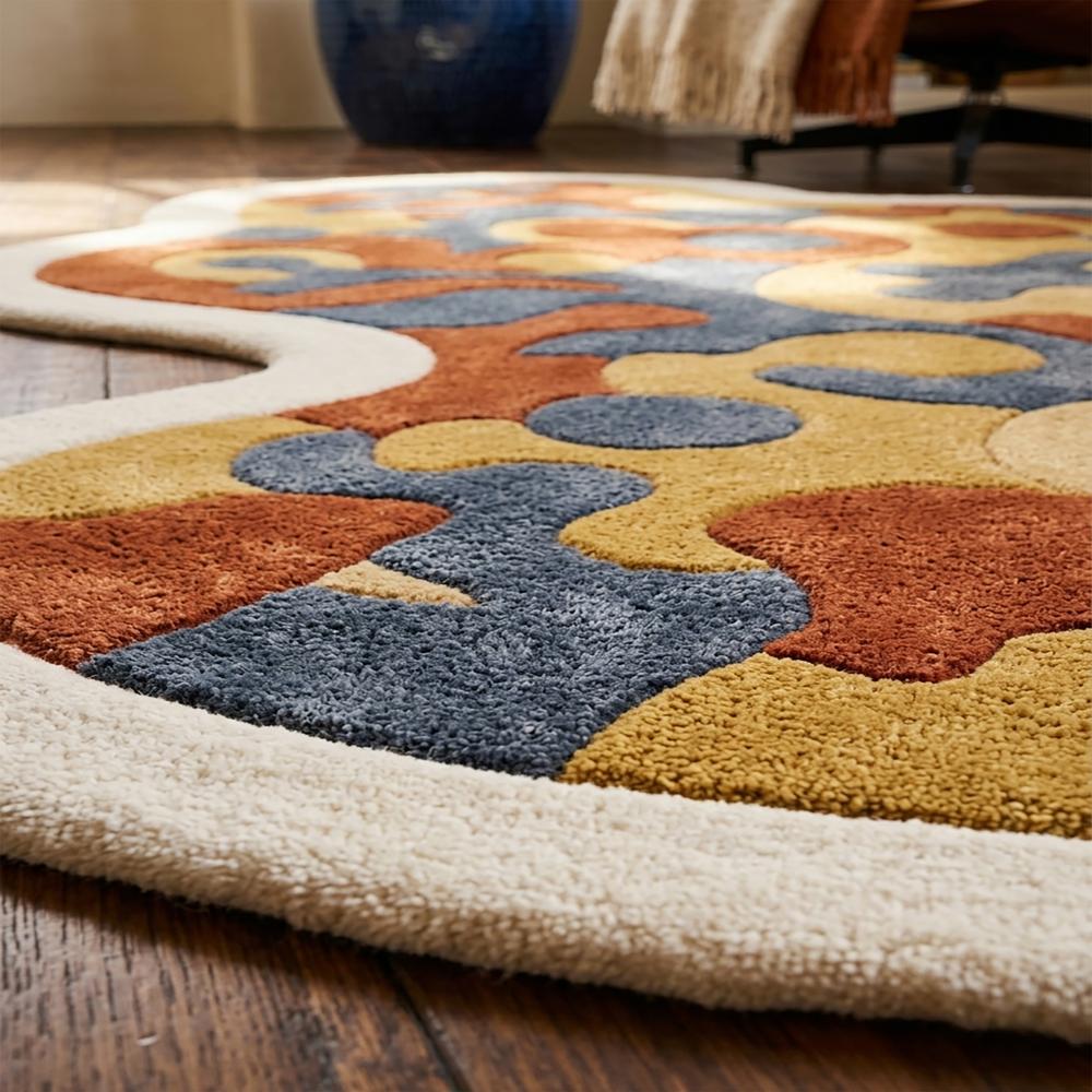 Modern Irregular Abstract Wool Area Rug in Rust, Mustard & Slate Blue