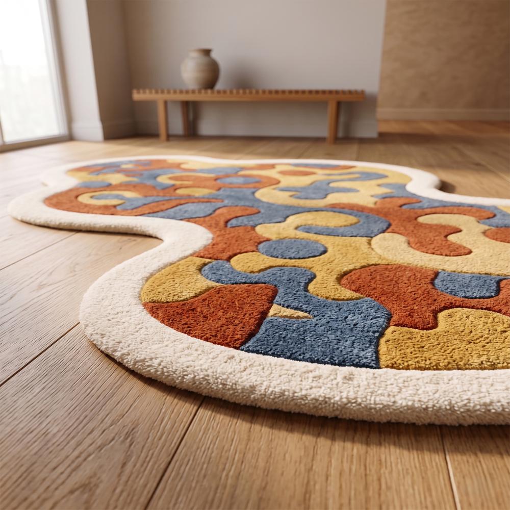 Modern Irregular Abstract Wool Area Rug in Rust, Mustard & Slate Blue