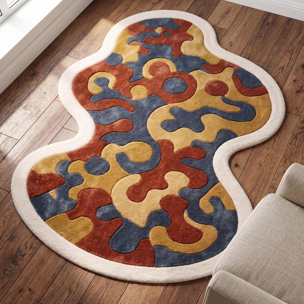 Modern Irregular Abstract Wool Area Rug in Rust, Mustard & Slate Blue
