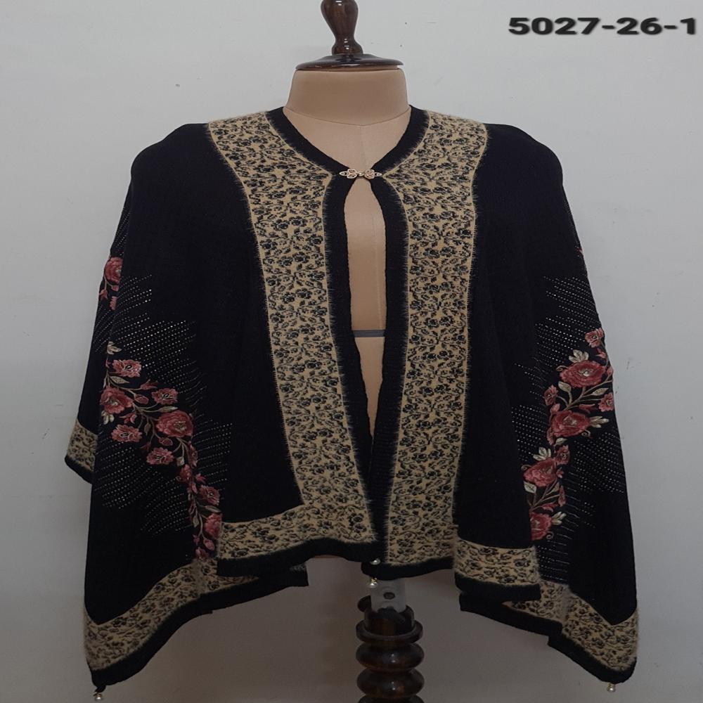 Winter Wear Knitted Nett Embroidered Applique Work Capes/Ponchos/Stoles - Color: Assorted