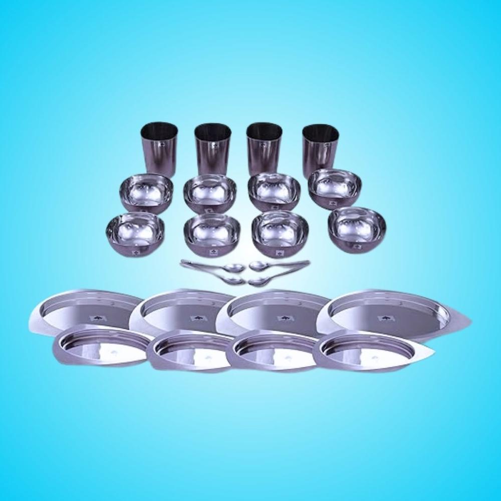 24 Pc Dinner Set- Symphony Stainless Steel Dinner Set, Designer Set Manufactured by Steel Authority of india(SAIL), Sail Salem, Tableware, Triangle Plates, Designer Dinner Set, Matte Finish, Set for 4, Rust and Crack Free