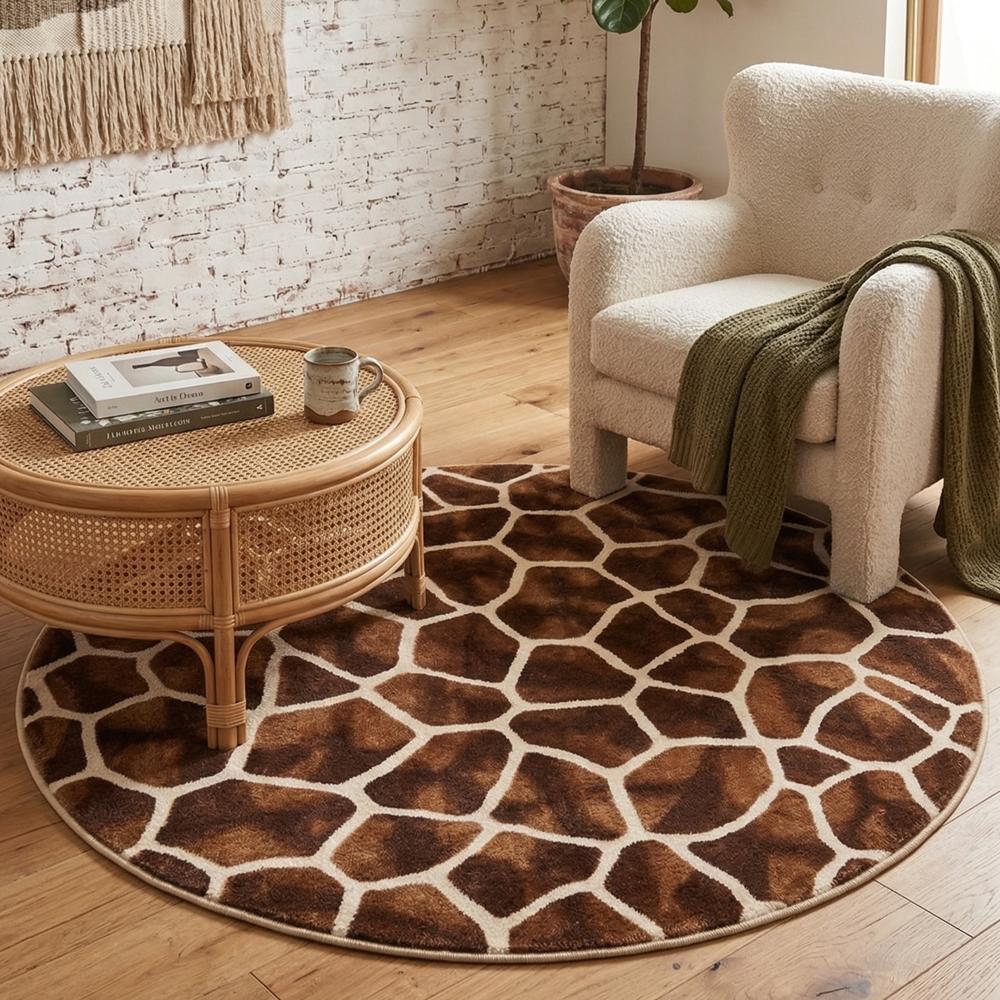Round Brown Giraffe Print Area Rug for Living Room and Kids Room Decor