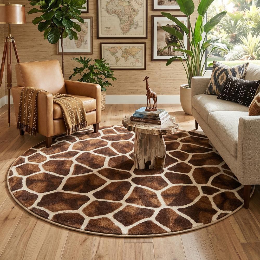 Round Brown Giraffe Print Area Rug for Living Room and Kids Room Decor