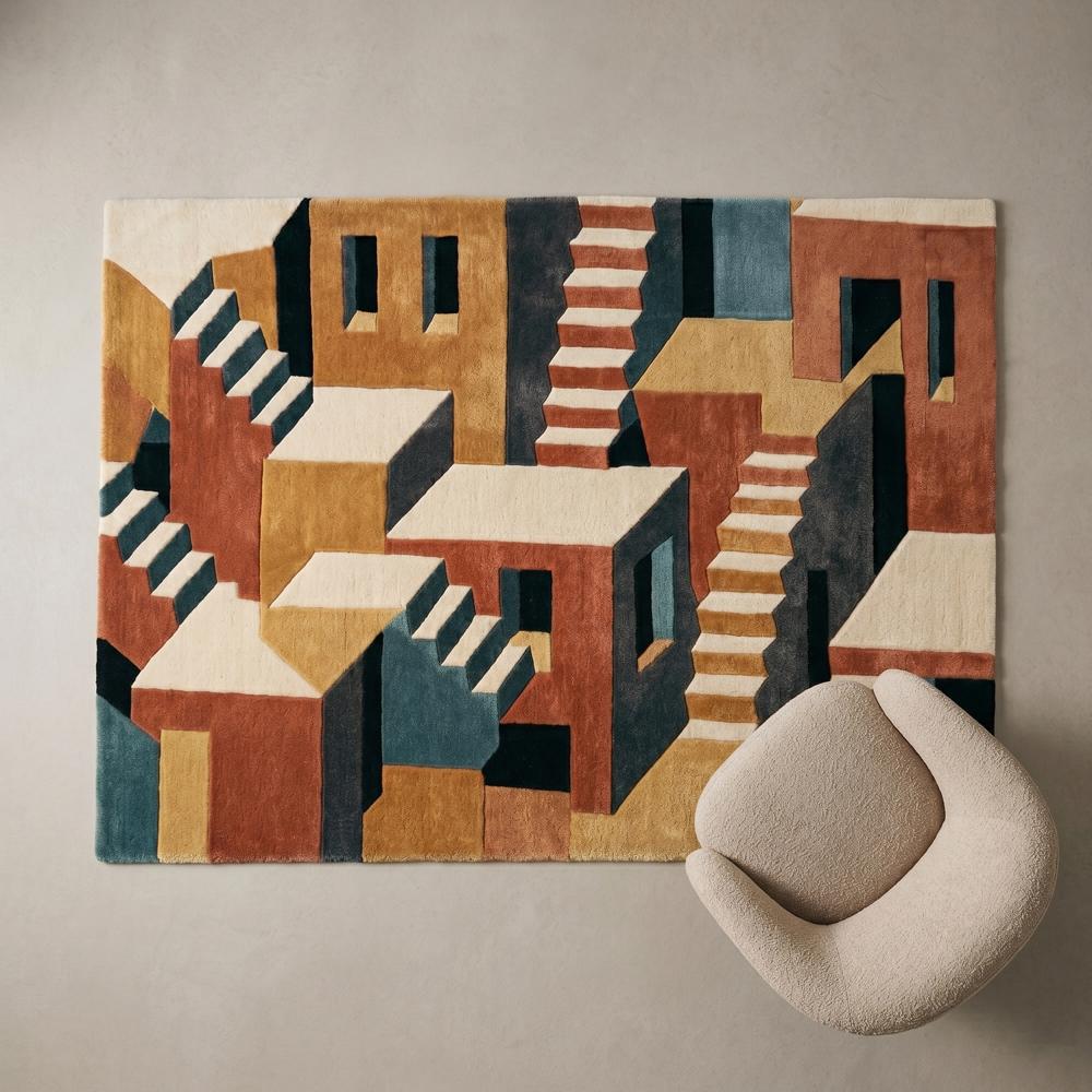Modern Geometric Abstract Area Rug with Staircase Design and Multicolor Pattern