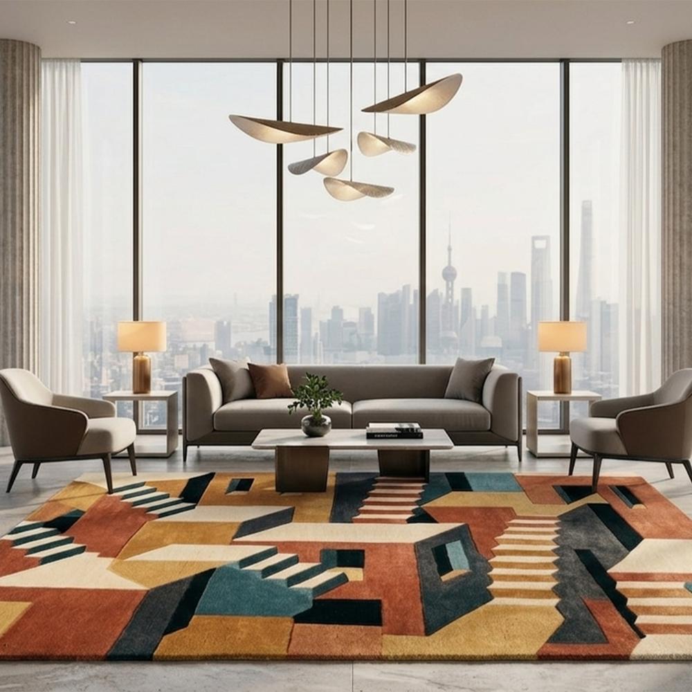 Modern Geometric Abstract Area Rug with Staircase Design and Multicolor Pattern