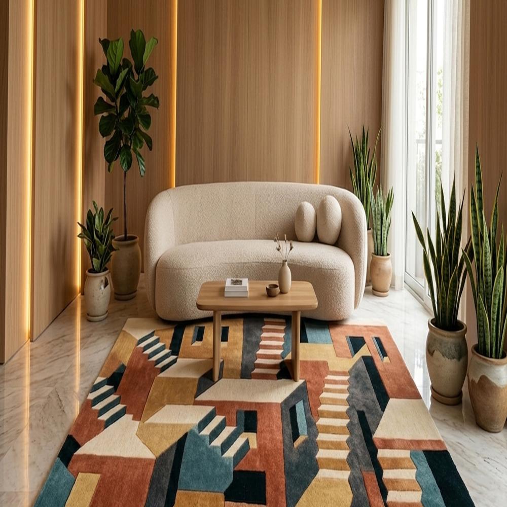 Modern Geometric Abstract Area Rug with Staircase Design and Multicolor Pattern