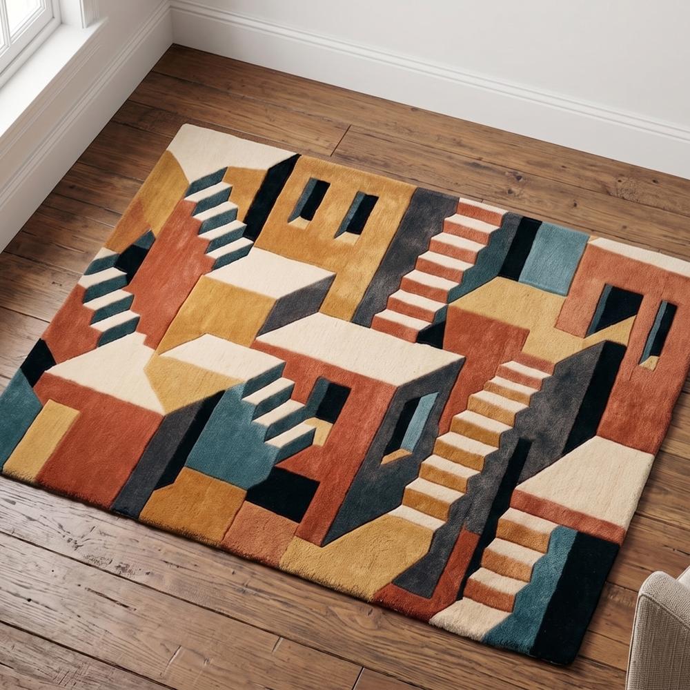 Modern Geometric Abstract Area Rug with Staircase Design and Multicolor Pattern