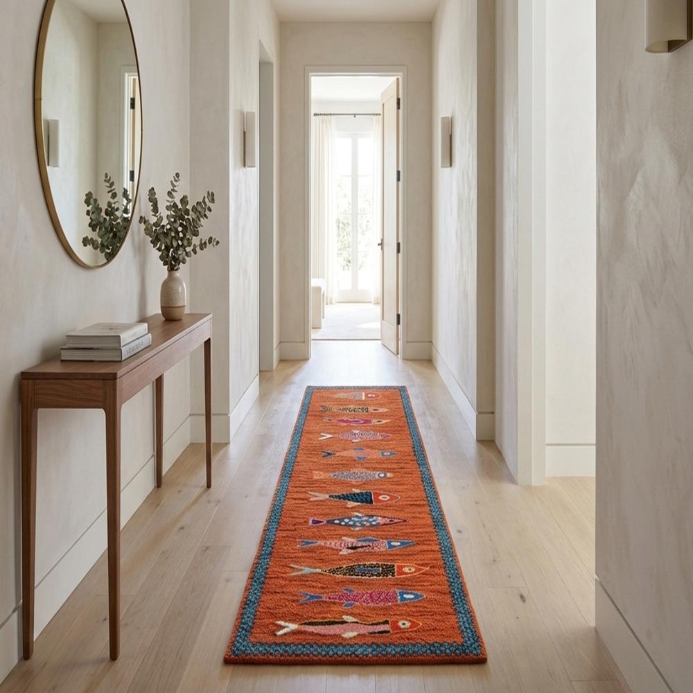 Handmade Fish Pattern Wool Runner Rug in Orange with Blue Border