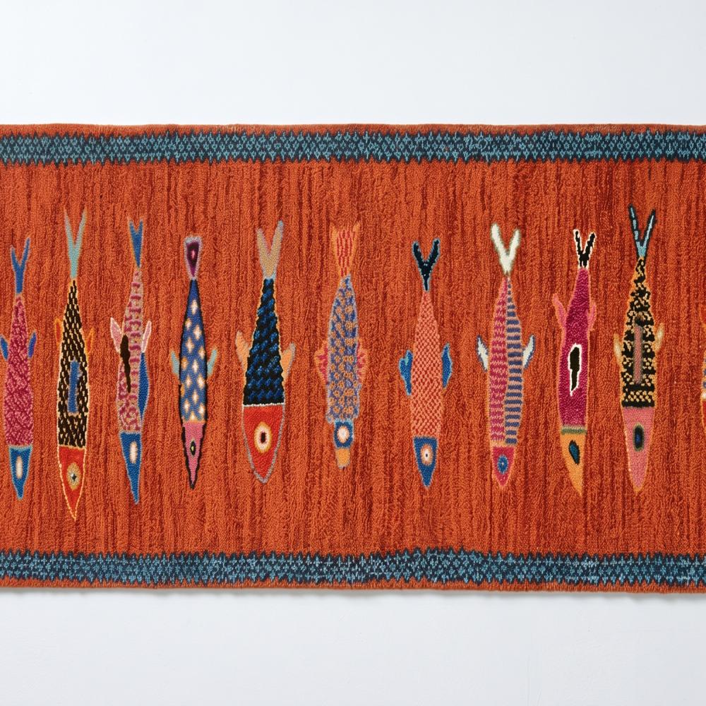 Handmade Fish Pattern Wool Runner Rug in Orange with Blue Border