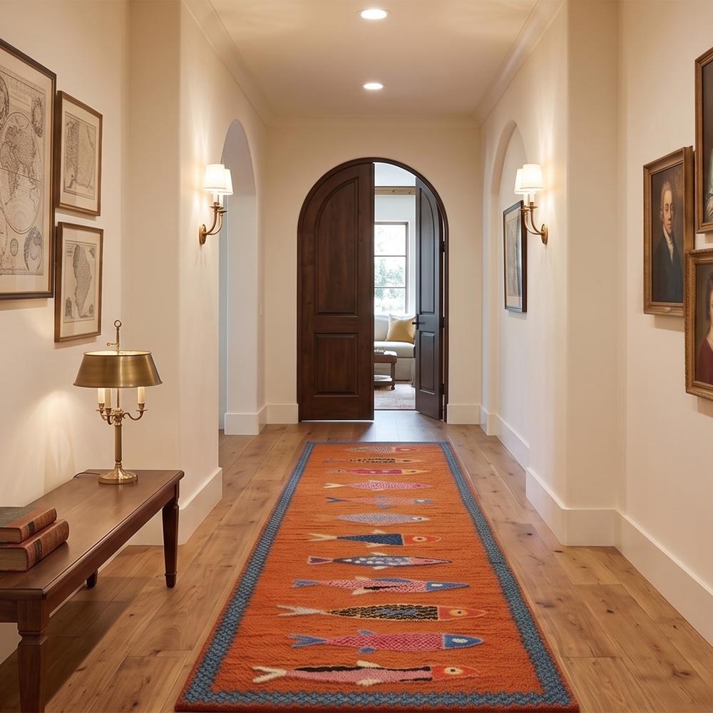 Handmade Fish Pattern Wool Runner Rug in Orange with Blue Border