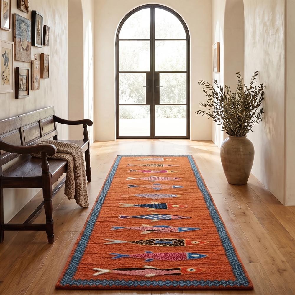 Handmade Fish Pattern Wool Runner Rug in Orange with Blue Border