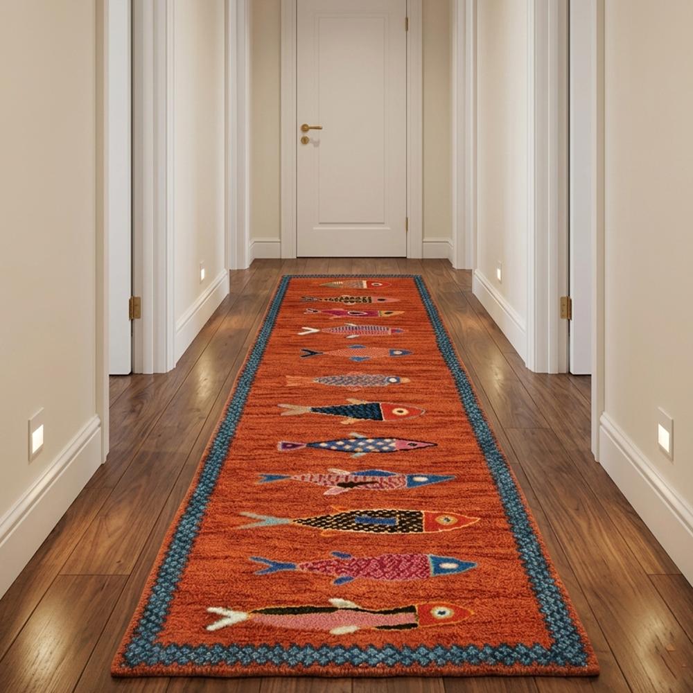 Handmade Fish Pattern Wool Runner Rug in Orange with Blue Border