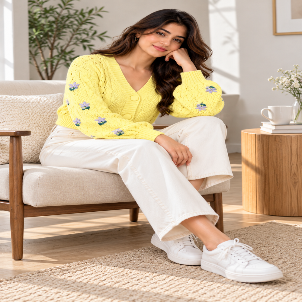 Export Surpluswomen Yellow Floral Embroidered Knitted Cardigan - Fabric Type: Wool