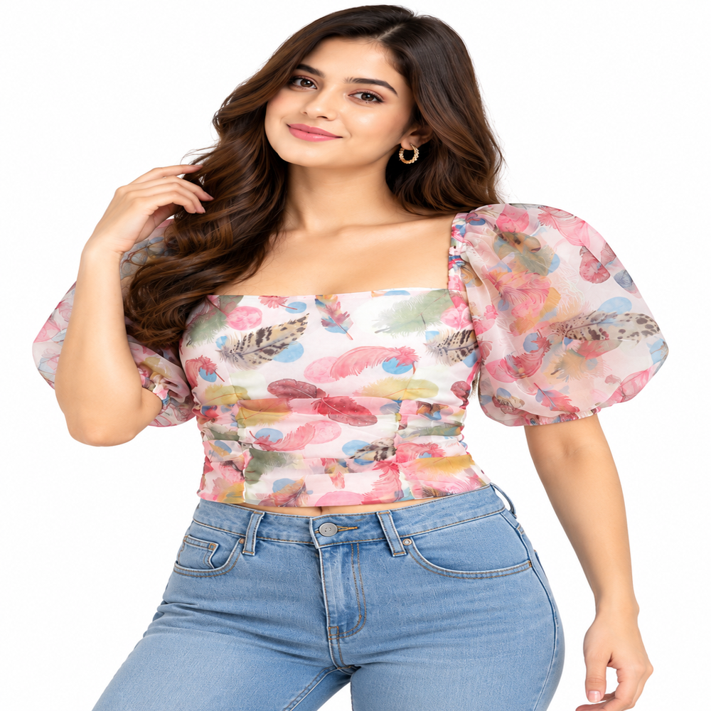 Export Surplus Women Multicolor Floral Printed Puff Sleeve Crop Top - Feature: Comfortable