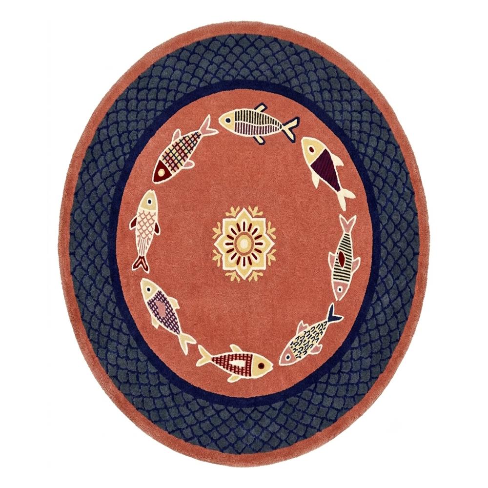 Handmade Round Fish Pattern Rug with Blue Scallop Border and Terracotta Design