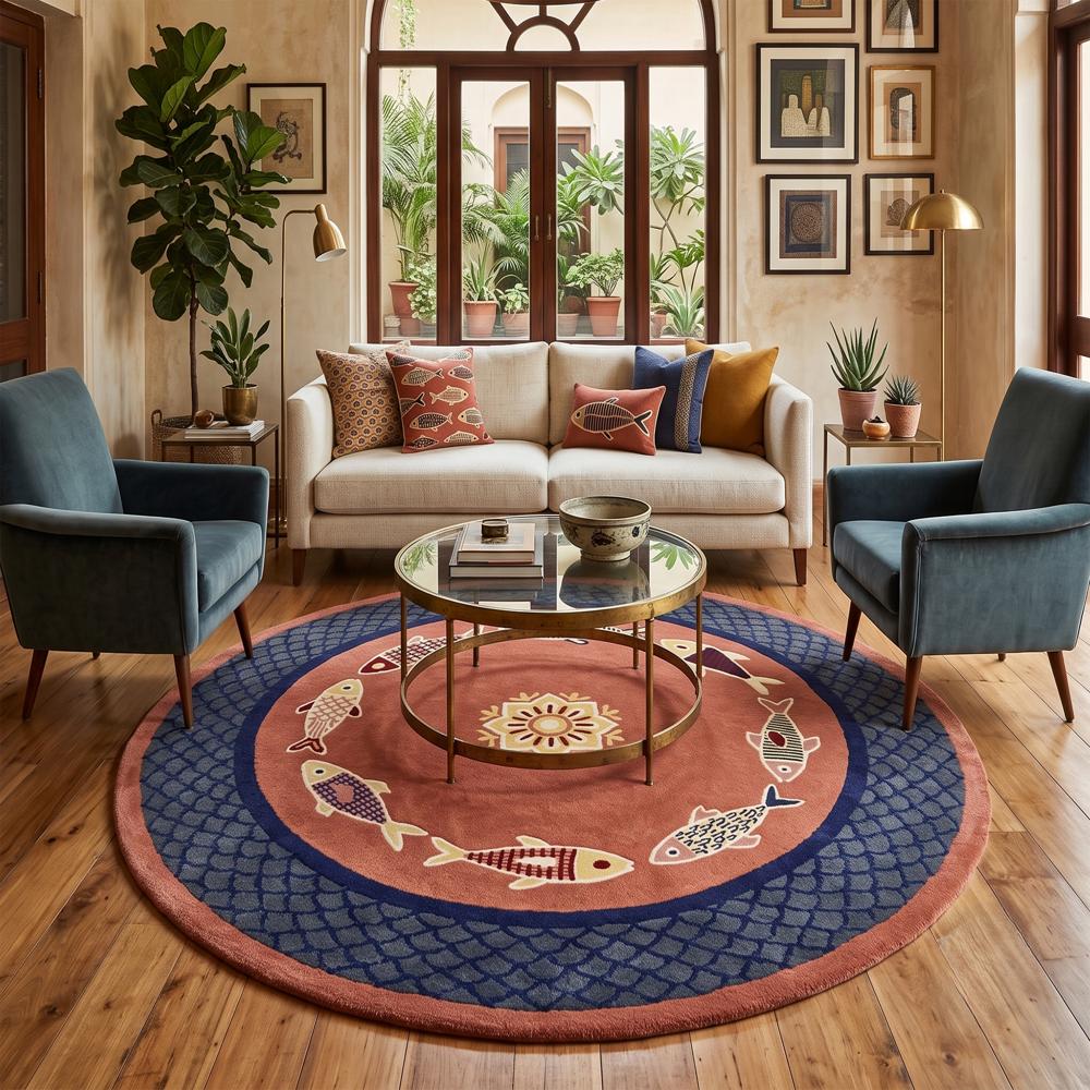Handmade Round Fish Pattern Rug with Blue Scallop Border and Terracotta Design