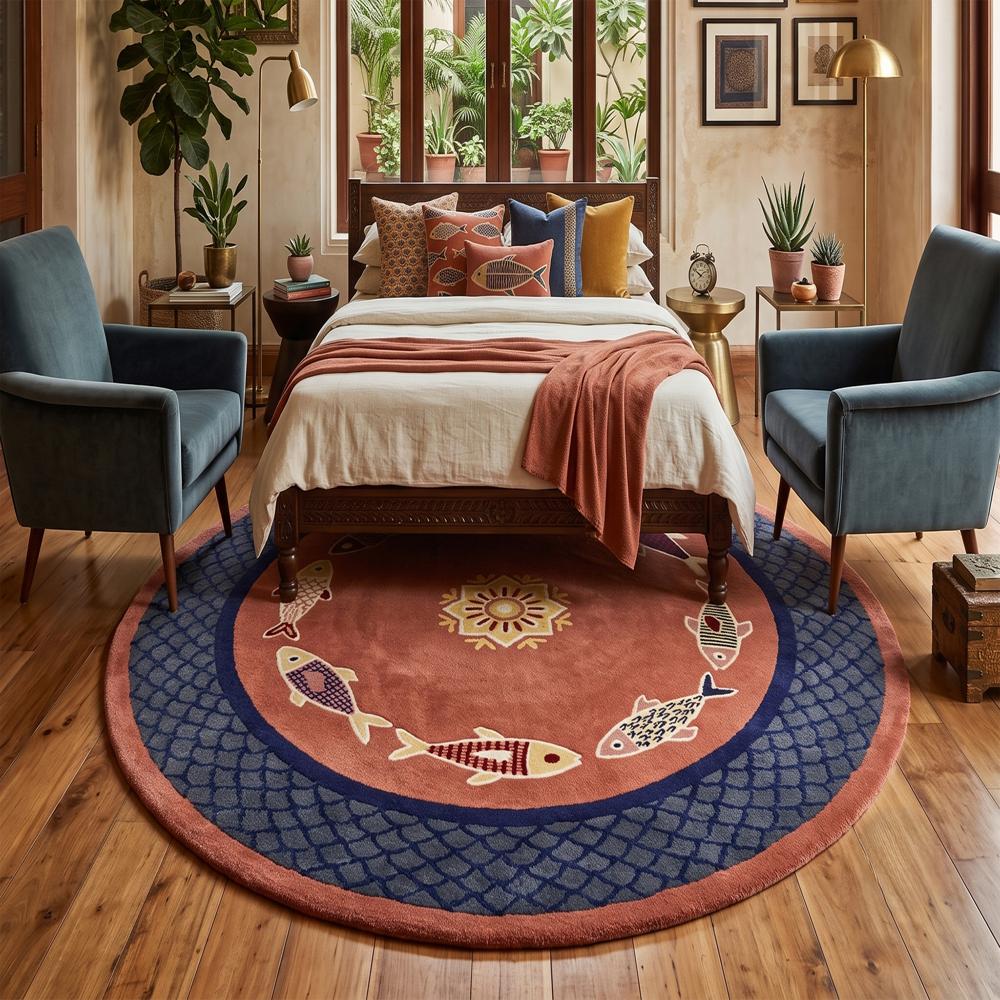 Handmade Round Fish Pattern Rug with Blue Scallop Border and Terracotta Design