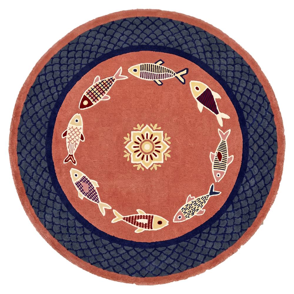 Handmade Round Fish Pattern Rug with Blue Scallop Border and Terracotta Design