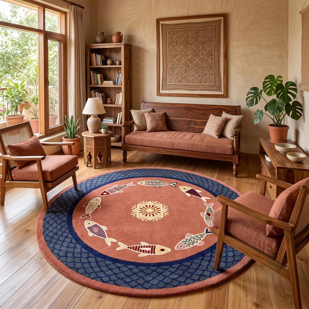 Handmade Round Fish Pattern Rug with Blue Scallop Border and Terracotta Design