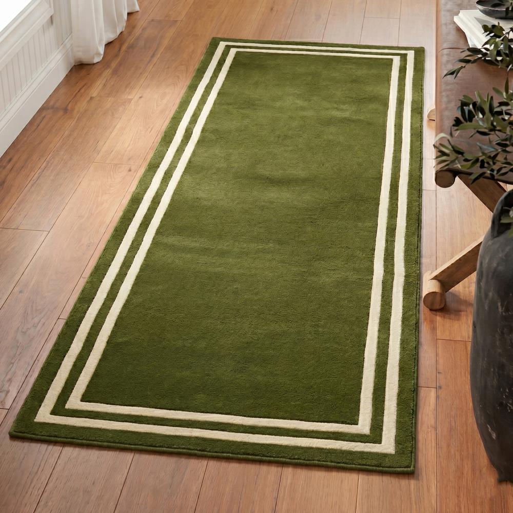 Modern Green Runner Rug with Double Cream Border for Hallway and Living Room