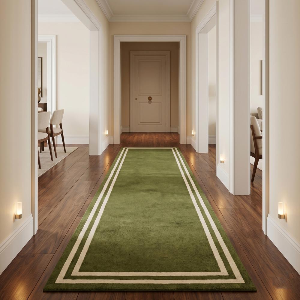 Modern Green Runner Rug with Double Cream Border for Hallway and Living Room