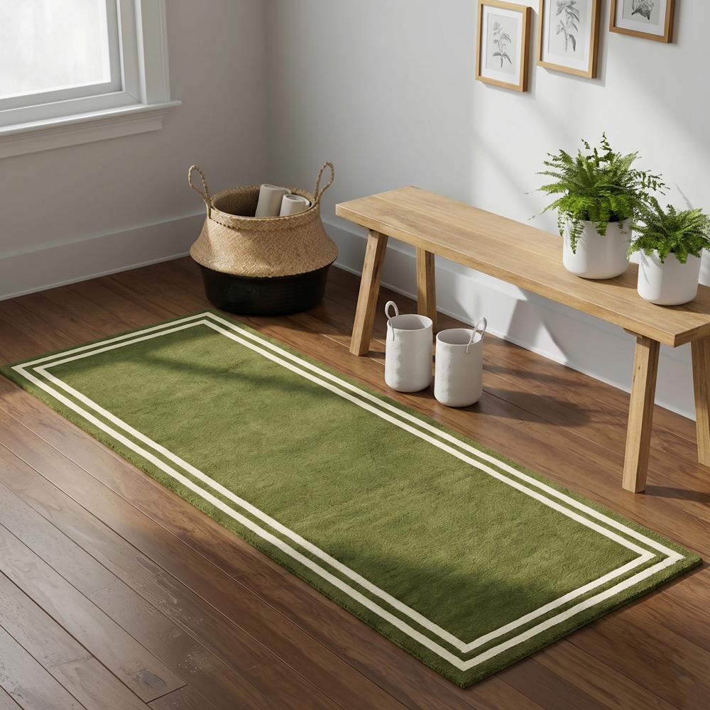 Modern Green Runner Rug with Double Cream Border for Hallway and Living Room