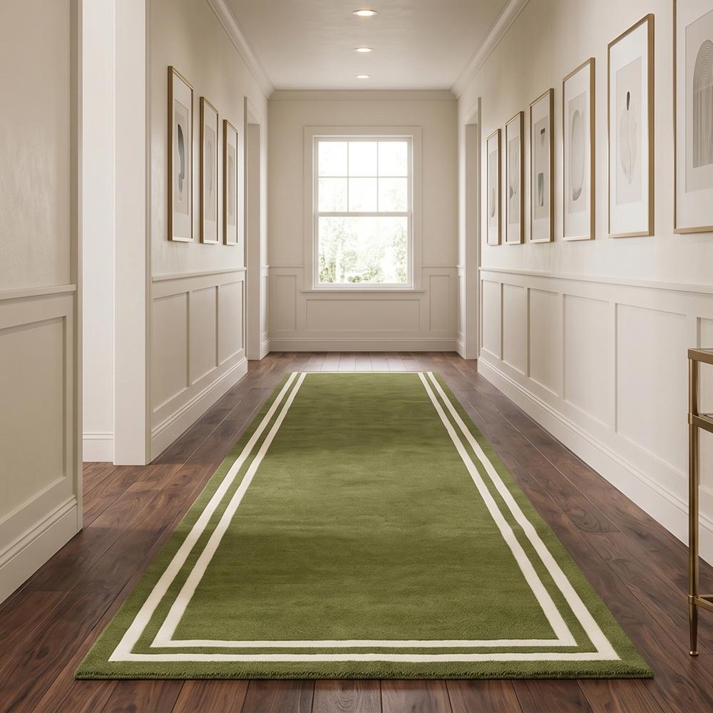 Modern Green Runner Rug with Double Cream Border for Hallway and Living Room