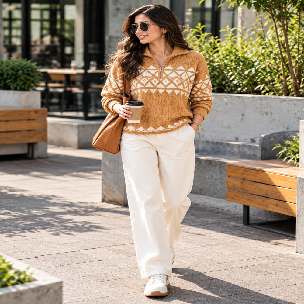 Export Surplus Women Camel Brown Fair Isle Pattern Knitted Sweater - Fabric Type: Wool