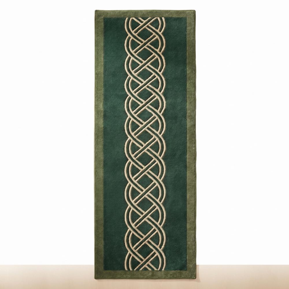 Dark Green Runner Rug with Cream Celtic Knot Geometric Pattern